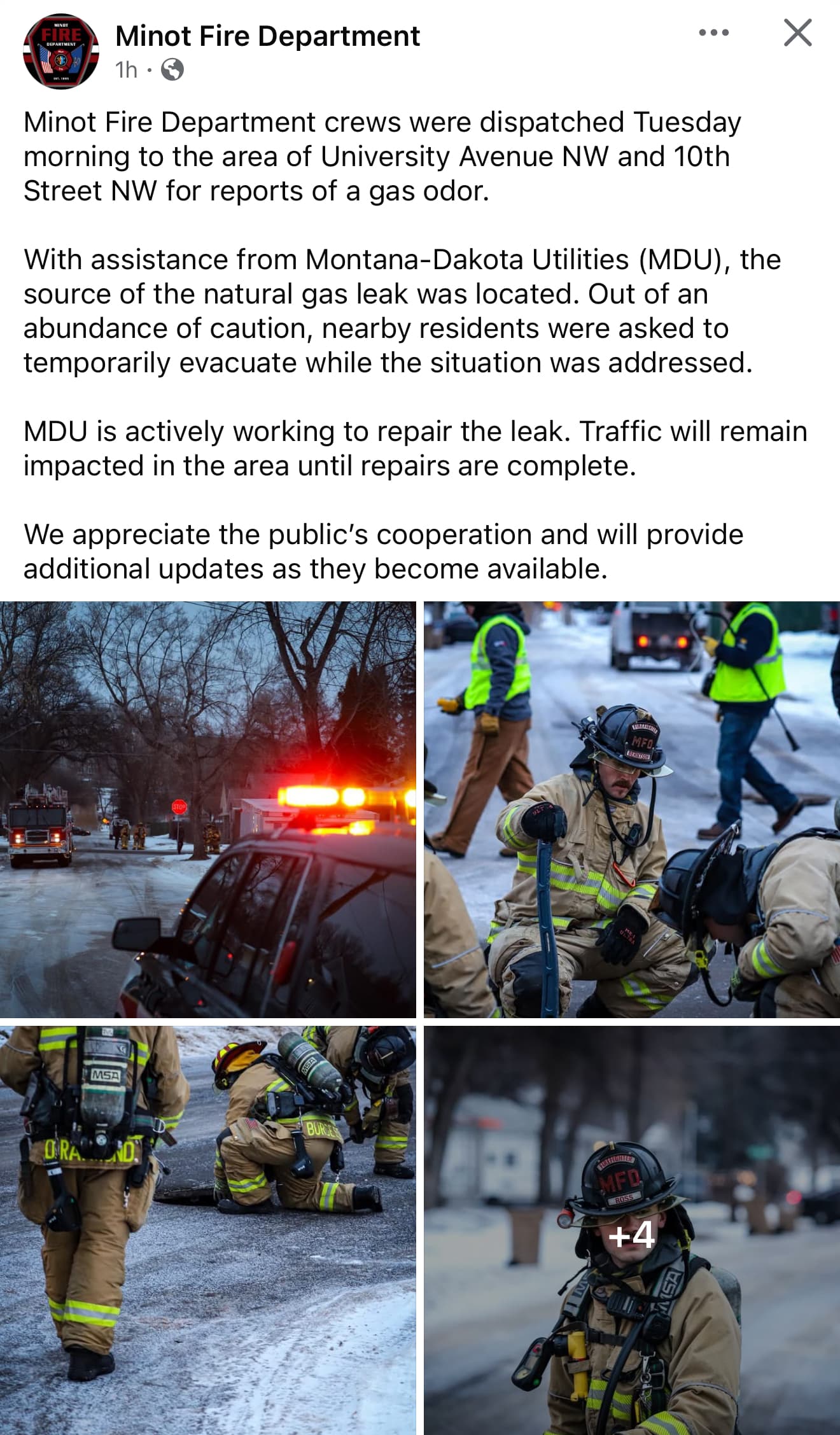 Minot Fire Department Dispatched for Gas Leak